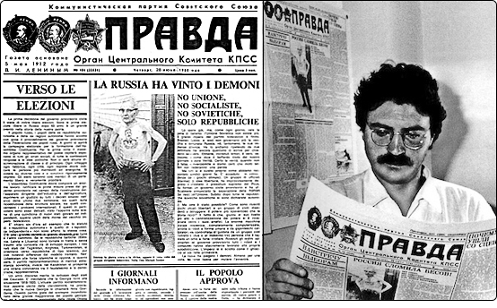 Vincenzo Sparagna con la falsa Pravda da lui realizzata per le Olimpiadi di Mosca del 1980, pubblicata su IL MALE n.29, del 28 luglio 1980